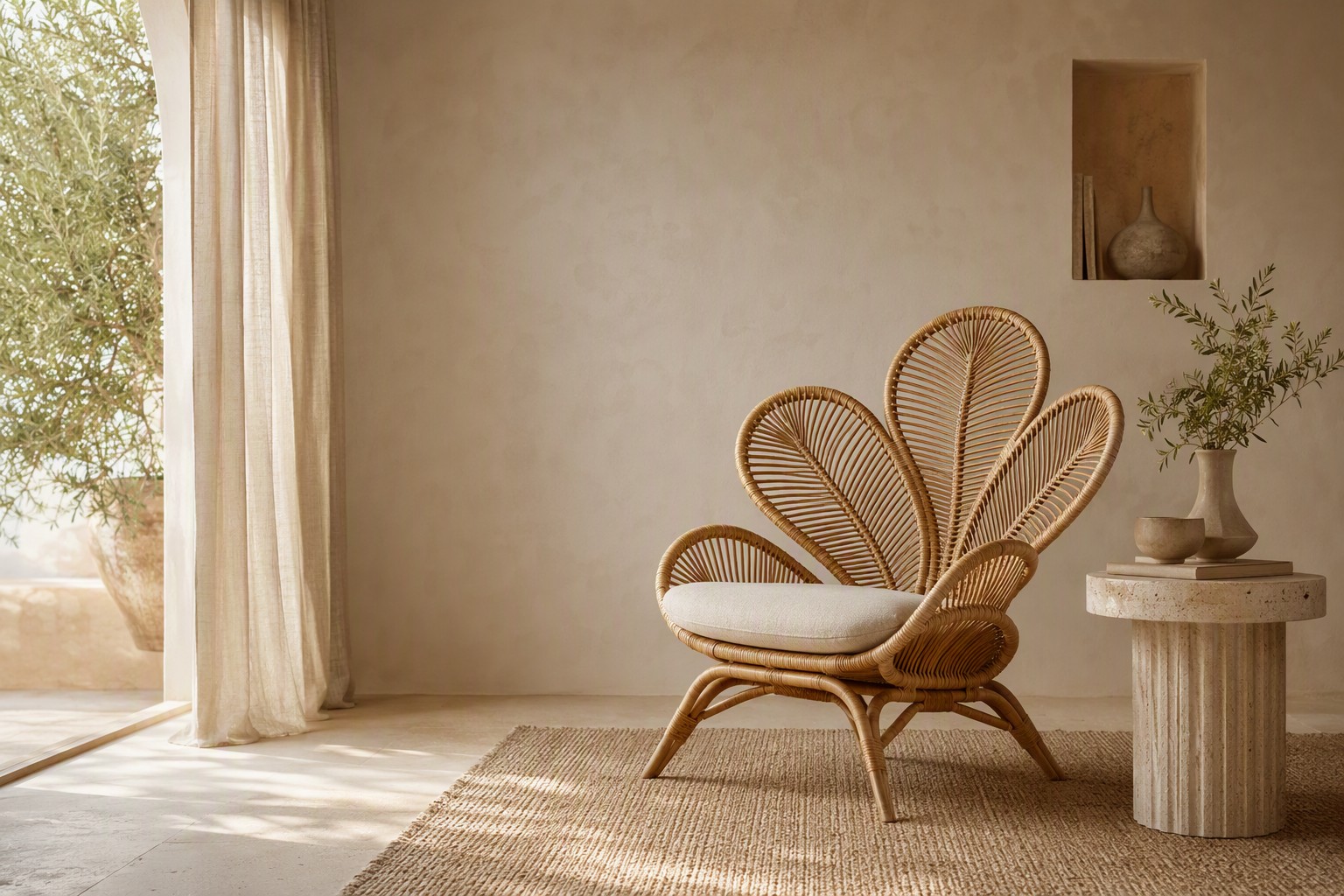 Poltrona in rattan in un interno luminoso