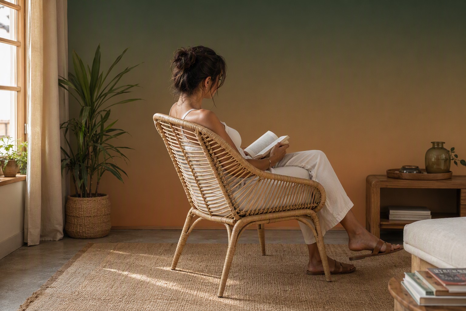 Persona che legge su una poltrona in rattan